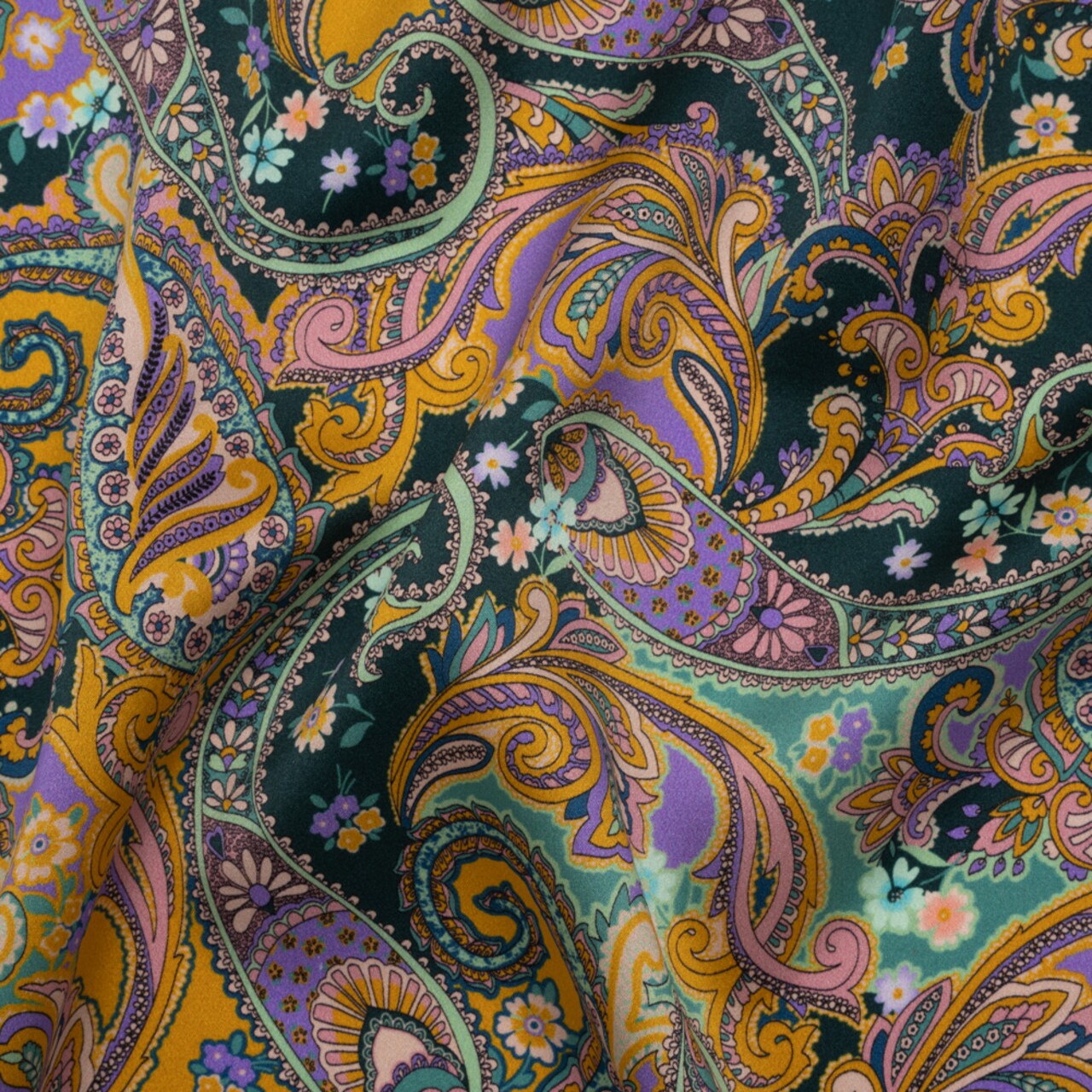 1 Yard Italian Silk Charmeuse Fancy Paisley Print 53" Wide Smooth Fabric for Skirts, Pants & Evening Wear